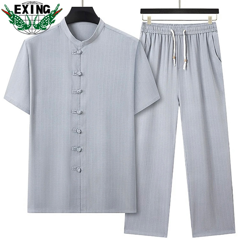 12643918.【唐装两件套】EXING中年爸爸夏季宽松衬衣套装上衣+裤子