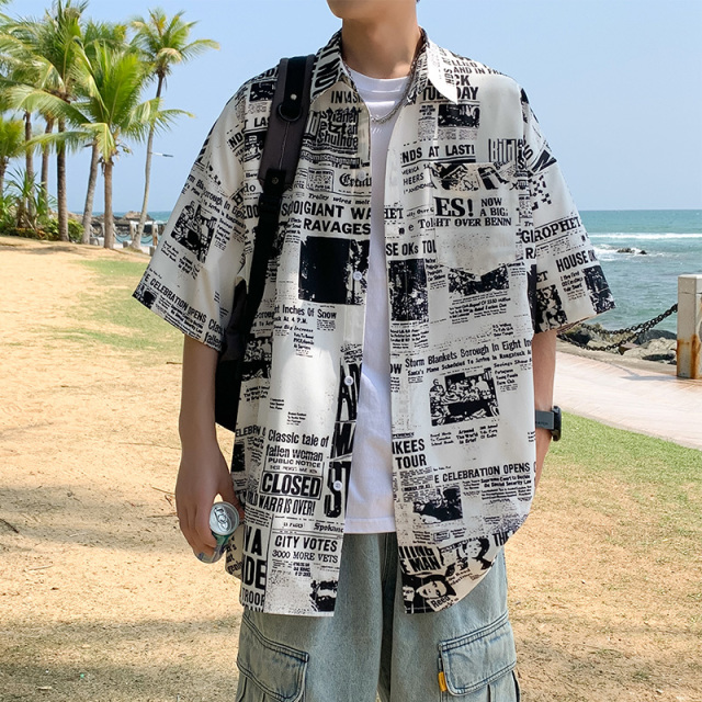 10658447.七玻威夏季新款男复古美式休闲潮流外搭情侣款短袖衬衫【七玻威男装XJ】