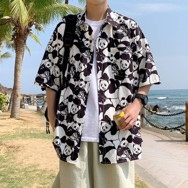 10658446.七玻威夏季新款国潮熊猫休闲潮流外搭情侣款短袖衬衫【七玻威男装XJ】