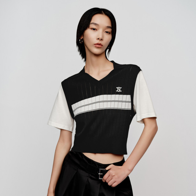 10687026.【商场同款】夏季新款复古学院风短袖T恤针织拼接设计女士针织衫
