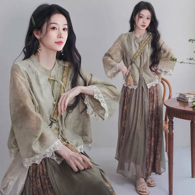 13459672.初云紫衣春夏装 女国潮风汉服盘扣改良花边袖上衣半身裙两件套套装2335