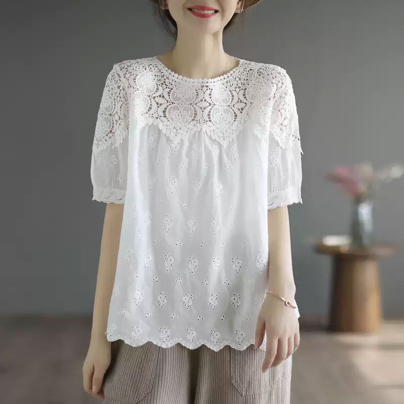 13459081.初云紫衣春夏装 女蕾丝拼接镂空上衣小众设计款短袖T恤显瘦减龄上衣8006
