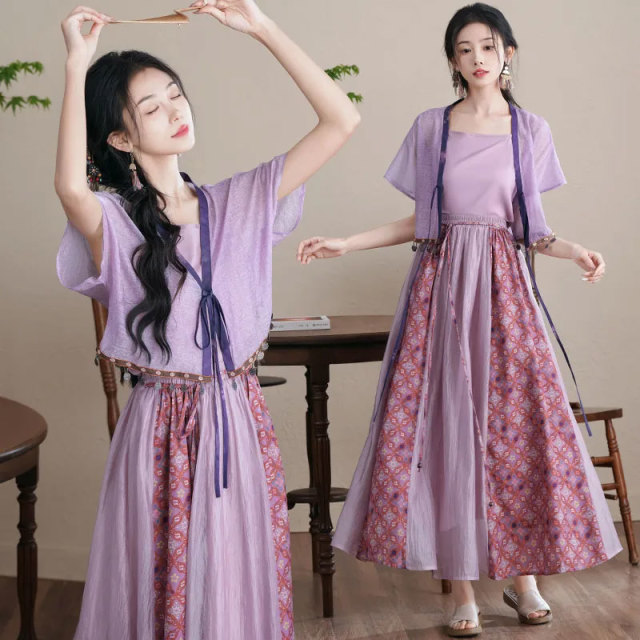 13459097.初云紫衣春夏装 女国潮风汉服吊带V领开衫改良拼色半身裙三件套套装2313