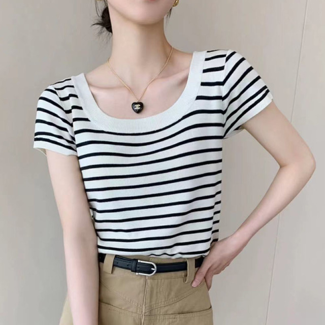 10675705.【功佑】冰丝前后U领条纹针织短袖