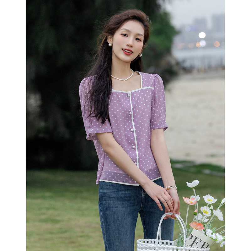 10686217.【丁香姑娘】夏法式轻复古方领波点衬衫雪纺印花显瘦衬衣女装上衣