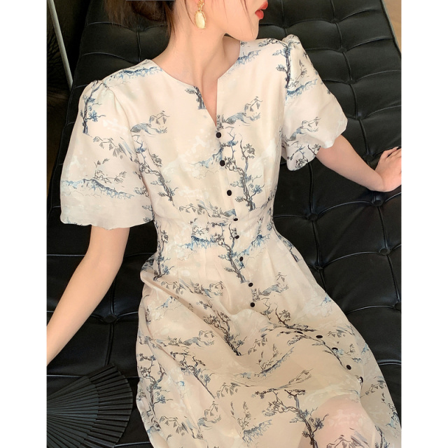 10686244.【清扬婉兮】夏国风新中式V领仿丝棉印花旗袍裙花苞袖收腰连衣裙女