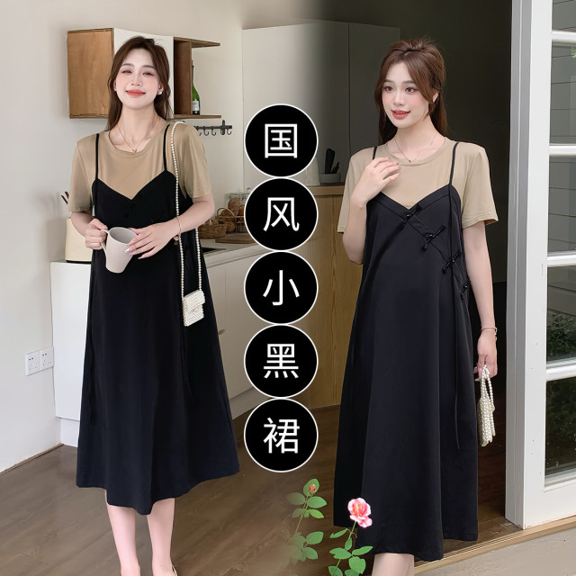 10701091.兔妈孕妇装2024夏季新款国风孕妇连衣裙假两件休闲裙宽松短袖T恤连衣裙