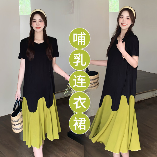 10710643.兔妈孕妇装夏季新款圆领孕妇宽松显瘦拼接不规则裙摆产后哺乳连衣裙