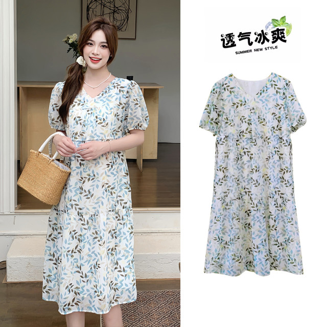 10710700.兔妈碎花连衣裙孕妇装2024夏季新款休闲孕妇裙大码短袖抽绳孕妇裙