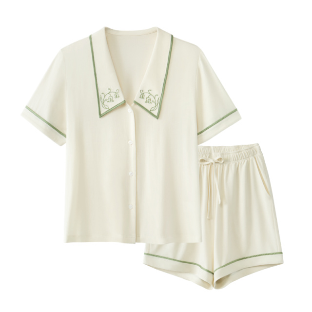 10712934.【莫代尔凉感睡衣】素肌良品夏季薄款短袖家居服女铃兰刺绣套装