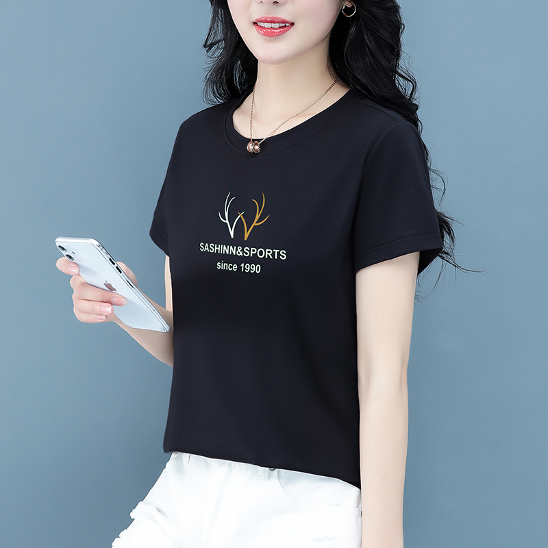10726473.淘贝鼠夏季新款女式时髦减龄舒适百搭短袖T恤多色可选【淘贝鼠一口价39.9】