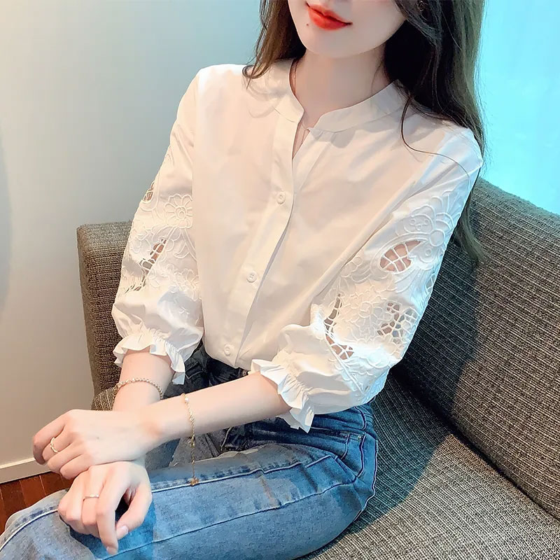13459633.初云紫衣春夏装 女重工刺绣衬衫设计感小众立领七分袖上衣6698