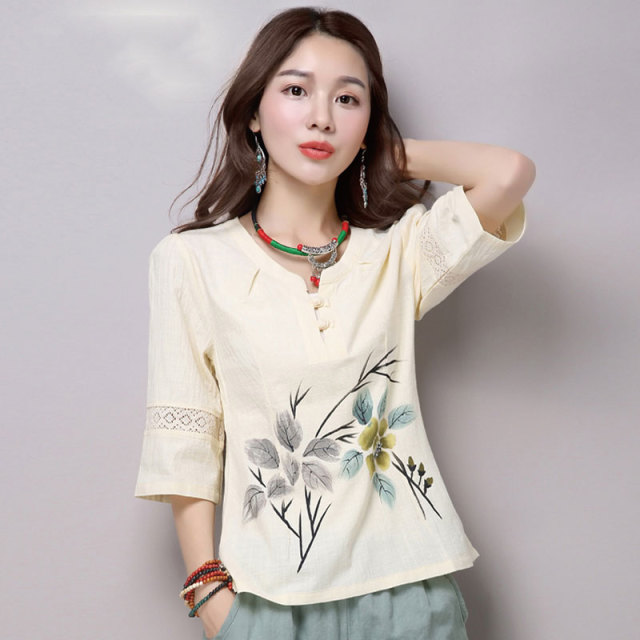 13459646.初云紫衣春夏装 女复古改良古装中国风新中式手绘花宽松上衣T恤衫5109