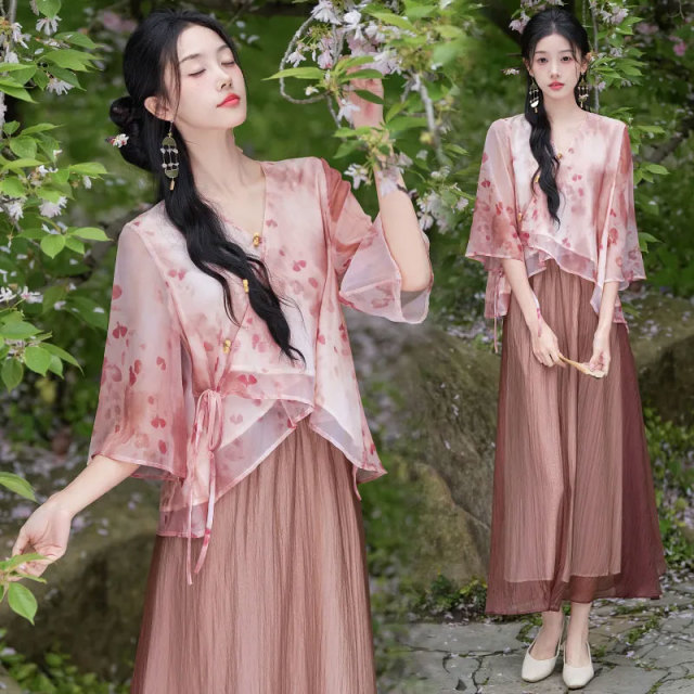13459634.初云紫衣春夏装 女国风印花盘扣V领七分袖古典汉服上衣半身裙套装2311