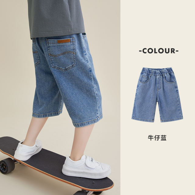 13310079.儿童2026夏季弹力洗水牛仔短裤男童过膝中裤中大童百搭六分休闲裤
