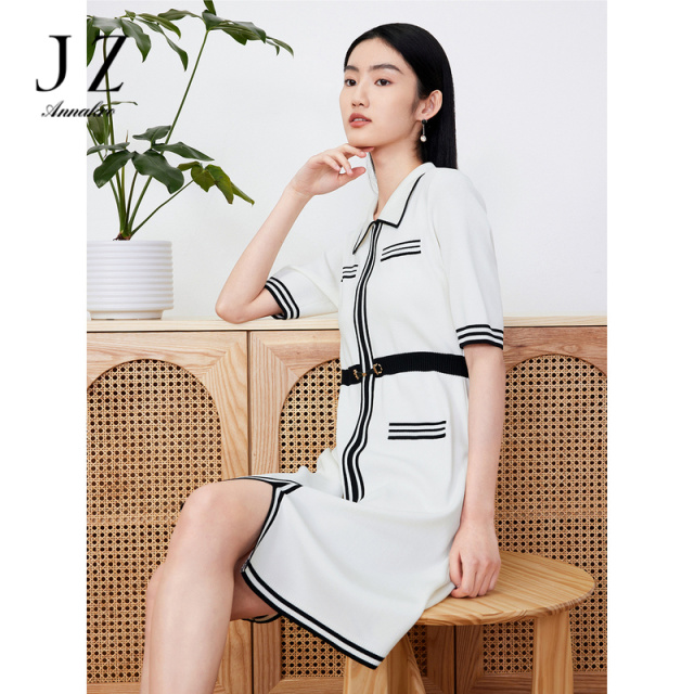 10748190.JZ玖姿法式小香风连衣裙女装夏季条纹针织套头开衩裙子黑