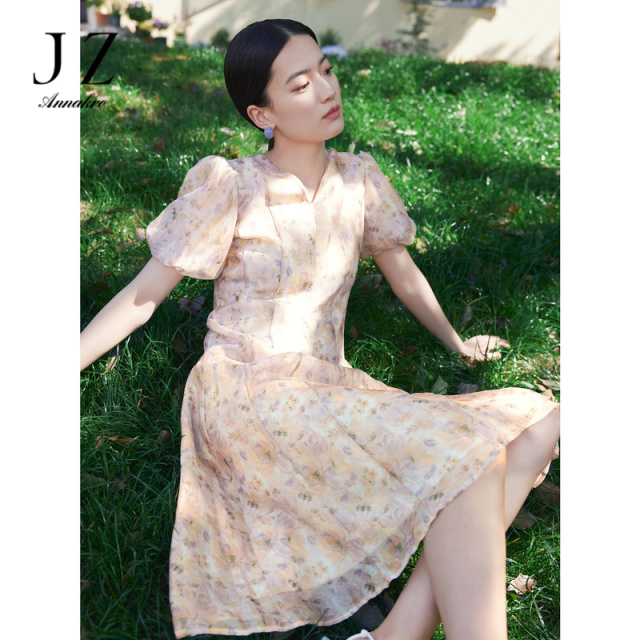 10749244.JZ玖姿花卉印花连衣裙女装夏季琉璃纱短袖裙子紫粉色