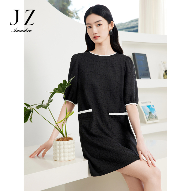10749571.JZ玖姿肌理感直身连衣裙女装夏季法式泡泡袖镂空裙子