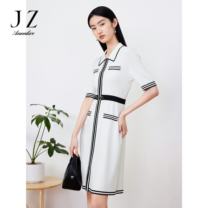 10748190.JZ玖姿法式小香风连衣裙女装夏季条纹针织套头开衩裙子黑