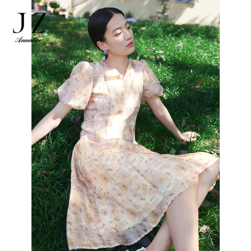 10749244.JZ玖姿花卉印花连衣裙女装夏季琉璃纱短袖裙子紫粉色