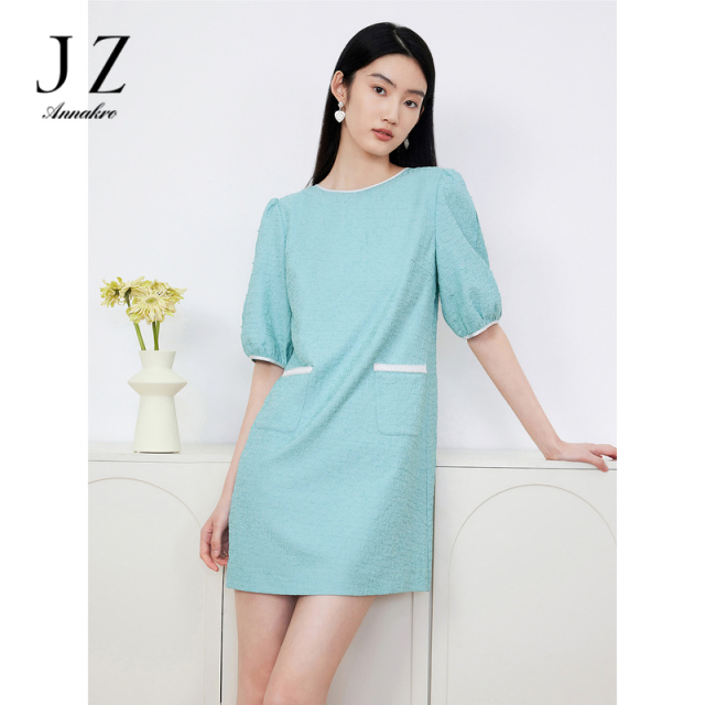 10749571.JZ玖姿肌理感直身连衣裙女装夏季法式泡泡袖镂空裙子