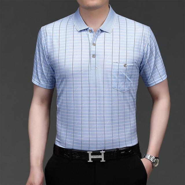 12643891.【透气亲肤】EXING中年男士POLO衫爸爸夏季格子短袖T恤