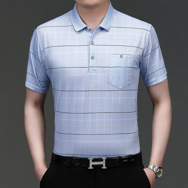 12643884.【透气亲肤】EXING中年男士POLO衫爸爸夏季条纹短袖T恤