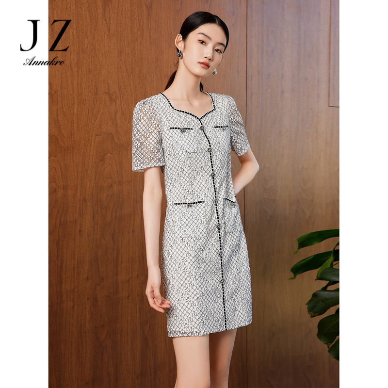 10758632.JZ玖姿法式小香风蕾丝连衣裙女装夏季显瘦修身优雅裙子