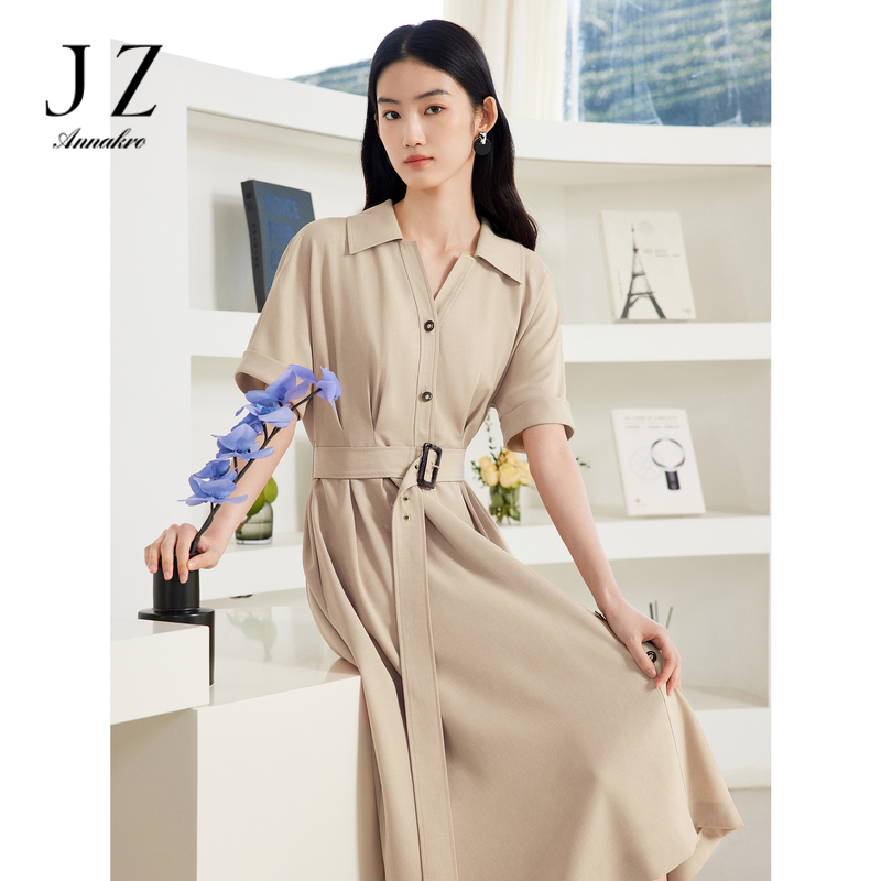10758593.JZ玖姿麻感衬衫连衣裙女装夏季通勤OL风裙子卡其色