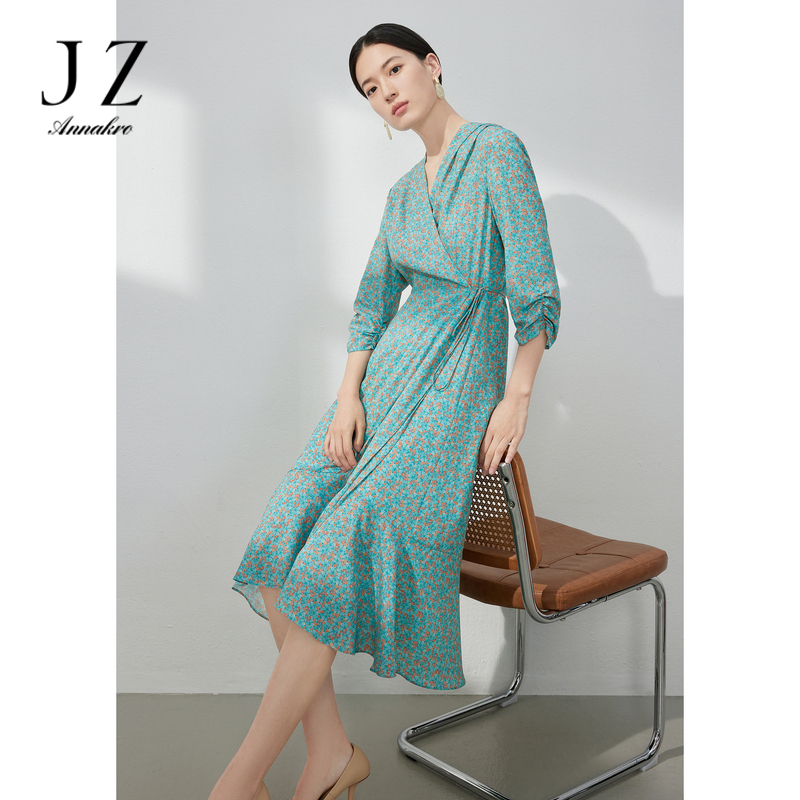 10759080.JZ玖姿假日波点印花连衣裙女装夏季法式小众围裹式茶歇裙