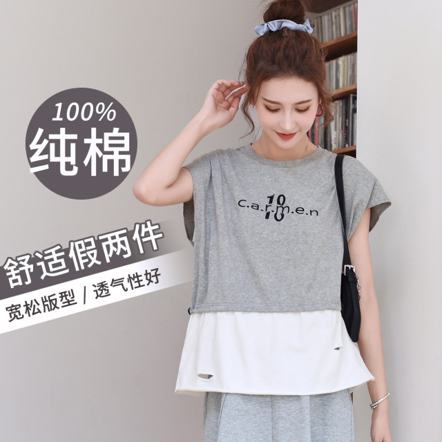 10769832.兔妈孕妇装纯棉上衣夏季孕妇上衣假两件针织上衣外出短袖孕妇t恤宽松