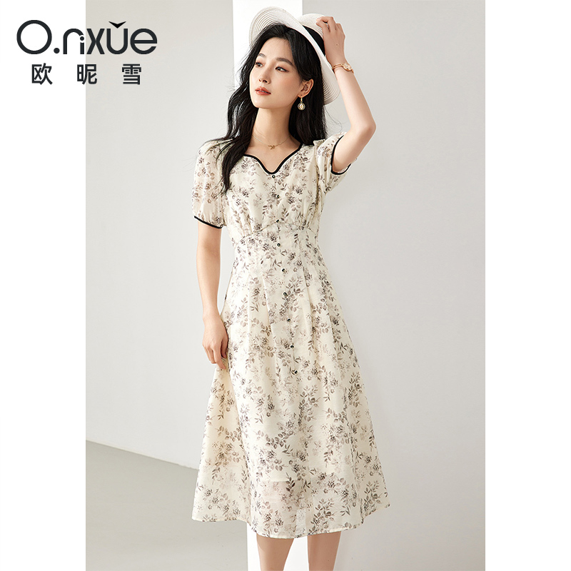 10773984.欧昵雪【轻盈田园收腰裙子】淑女印花提花舒适雪纺连衣裙女
