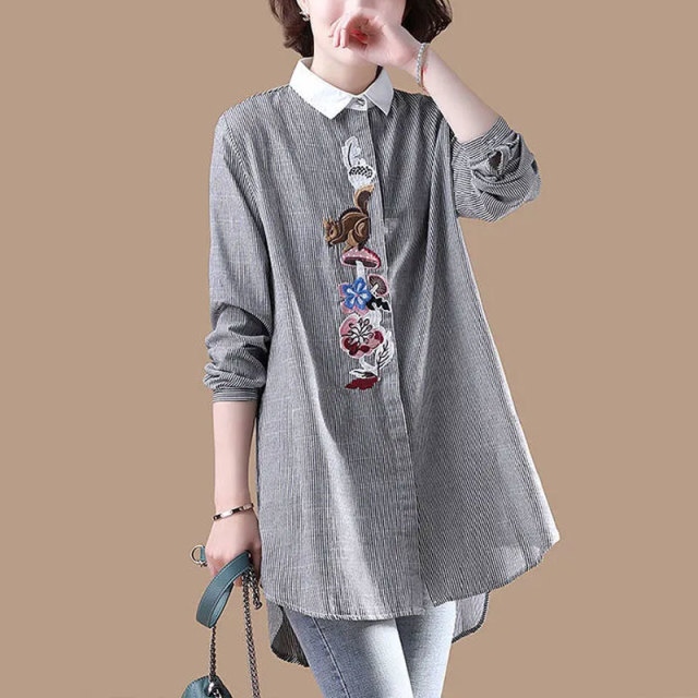 13459442.初云紫衣春秋装 女复古中长款条纹刺绣衬衫上衣百搭休闲宽松衬衣7724