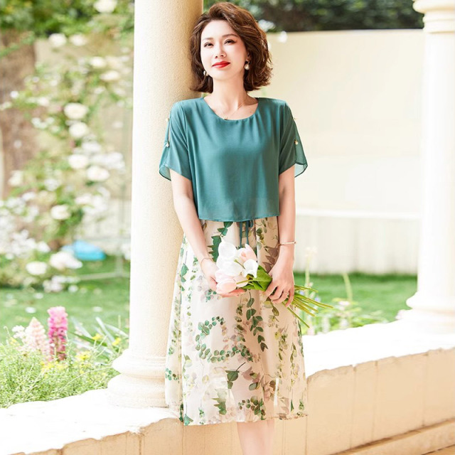 12640770.妈妈装夏季圆领拼接假两件优雅连衣裙