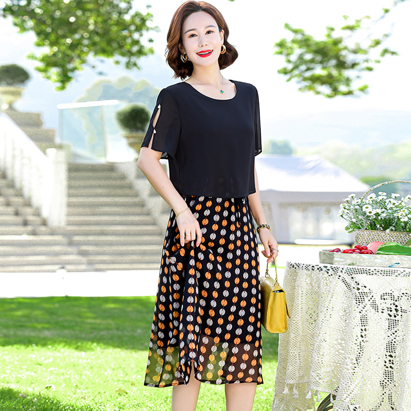 12640797.妈妈装夏季圆领拼接假两件优雅连衣裙
