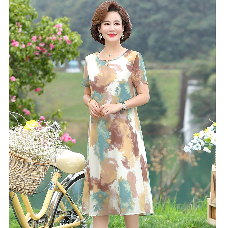 12640788.妈妈装夏季圆领撞色双层洋气雪纺连衣裙