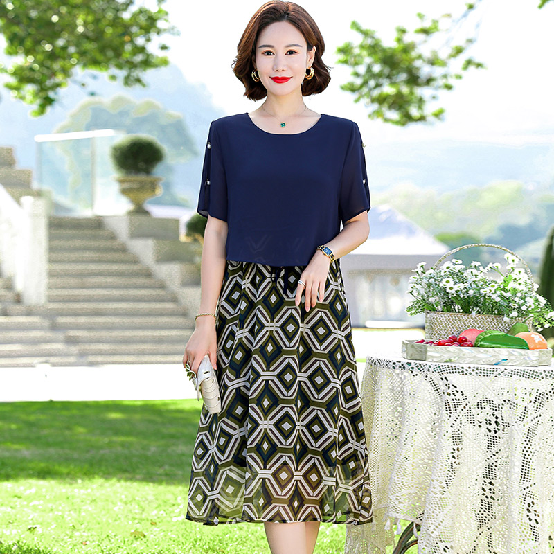 12640793.妈妈装夏季圆领拼接假两件优雅连衣裙