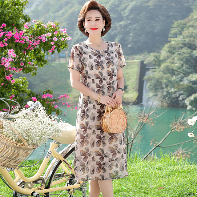 12640201.妈妈装夏季圆领花色双层洋气雪纺连衣裙