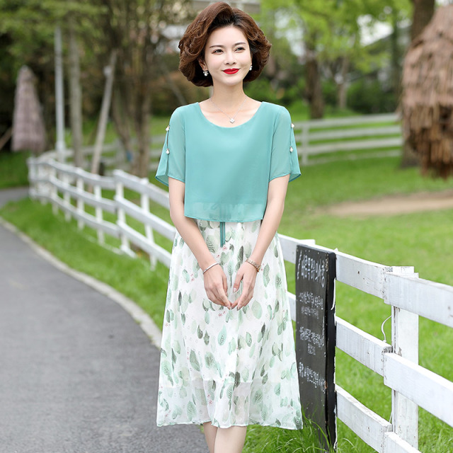 12640786.妈妈装夏季圆领拼接假两件优雅连衣裙