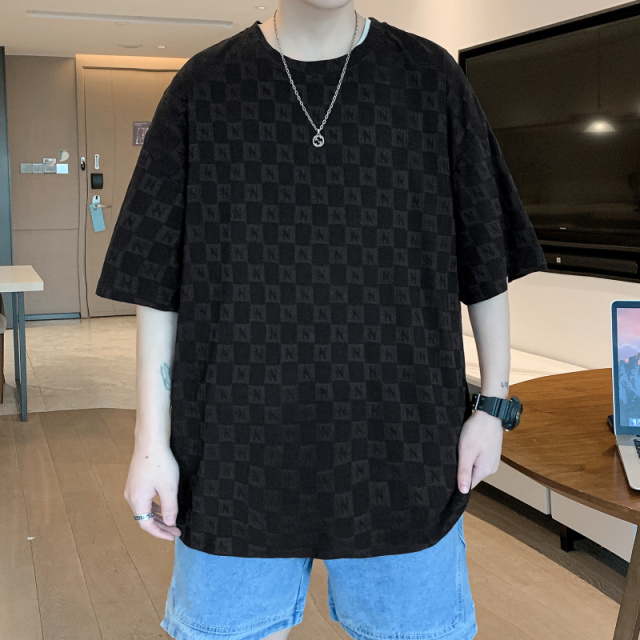 10809225.7-CY男款短袖夏季新款提花棋盘格潮流宽松港风百搭短袖T恤【7-CY男装XJ】