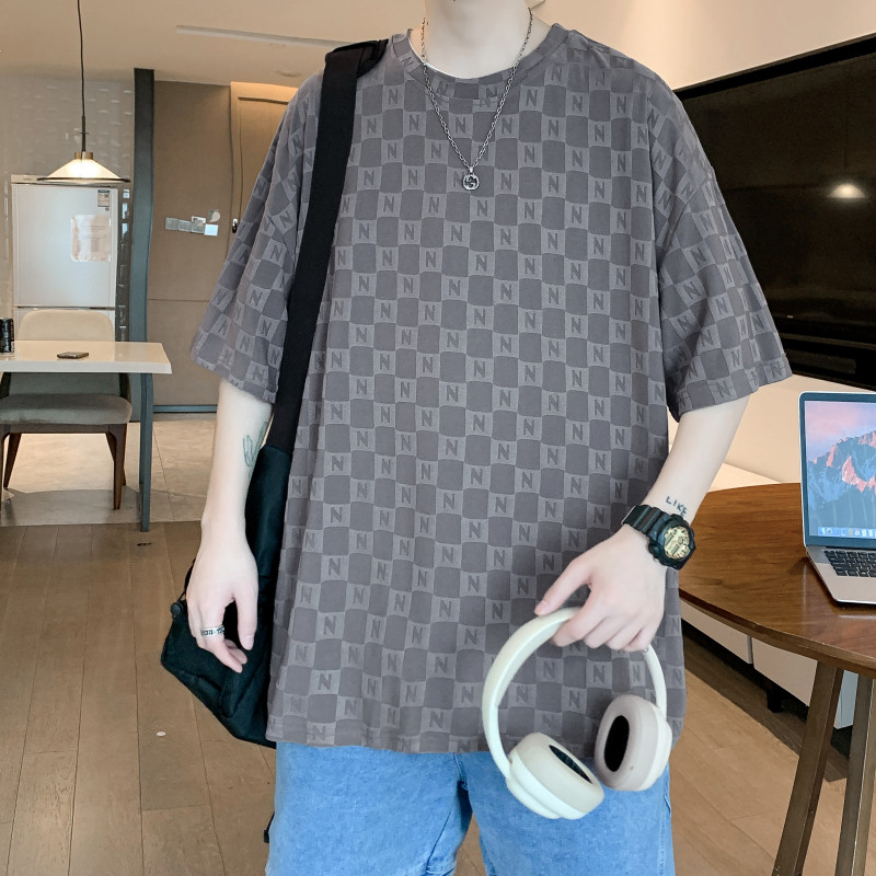 10809225.7-CY男款短袖夏季新款提花棋盘格潮流宽松港风百搭短袖T恤【7-CY男装XJ】