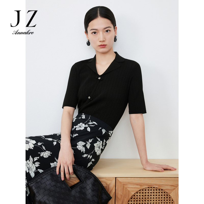 10815722.JZ玖姿国风针织衫女装夏季肌理条纹套头衫黑紫