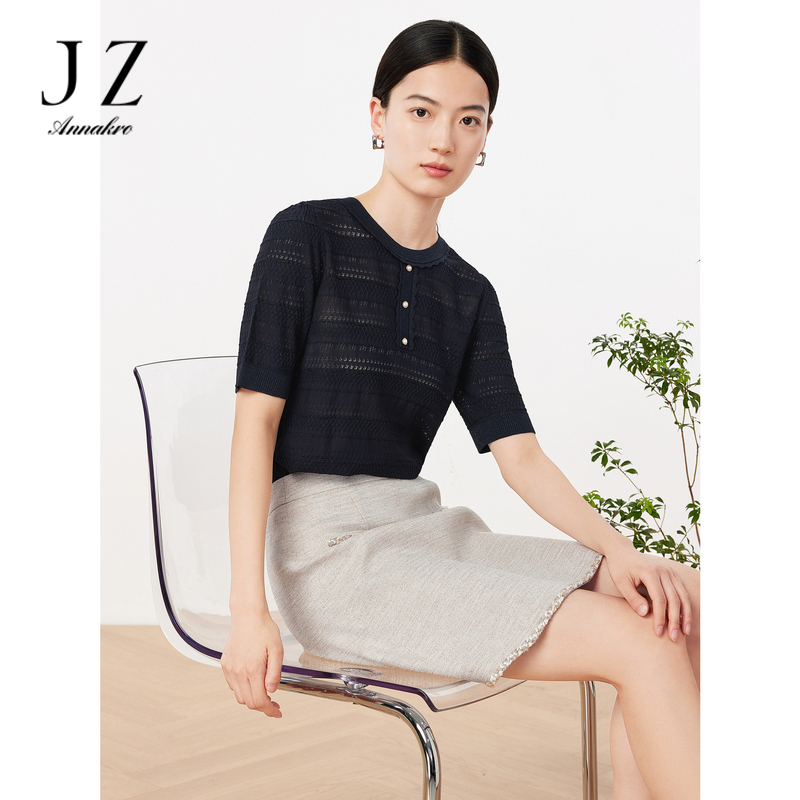 10815409.【凉感冰丝】JZ玖姿打底衫内搭薄款性感镂空针织衫女夏季