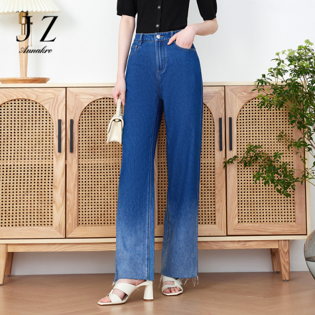 10815476.JZ玖姿阔腿牛仔裤女装夏季时尚渐变潮流毛边休闲裤子