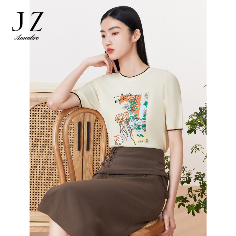 10815387.【凉感冰丝】JZ玖姿休闲通勤风海洋印花打底针织T恤女夏