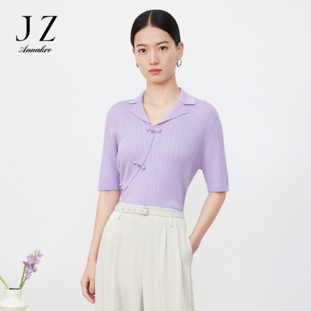10815722.JZ玖姿国风针织衫女装夏季肌理条纹套头衫黑紫
