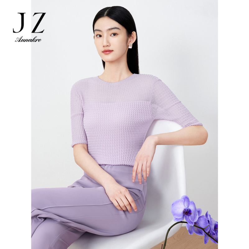 10819178.JZ玖姿针织中袖女装夏季新款肌理提花中袖上衣