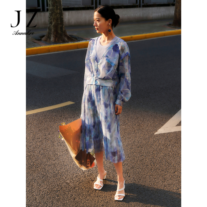 10818986.JZ玖姿网布印花压褶伞裙女装夏季花样褶裥半身裙子紫色