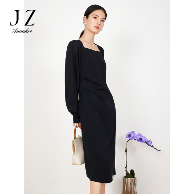 10819256.JZ玖姿真两件式小黑裙女装夏季新款开衩吊带连衣裙披肩黑色