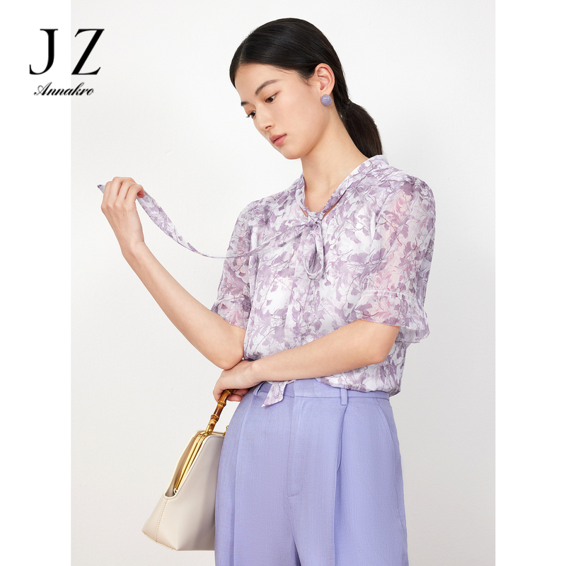 10819044.JZ玖姿印花雪纺短袖小衫女装夏季蝴蝶结轻盈感上衣